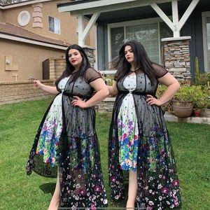 Xhiliration Black Sheer Full Length Floral Overdress Size XXL